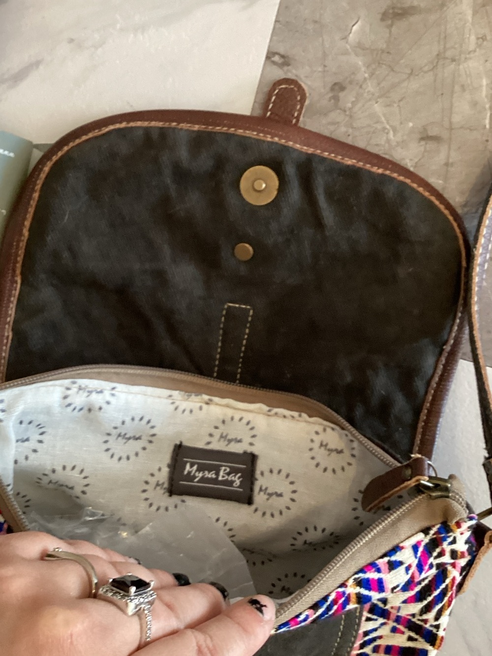 Myra Bag Brown Crossbody with Multicolor Geometric Flap - Picture 3 of 5